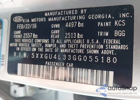 2016 Kia Optima Ex из США, поврежденный, VIN 5XXGU4L33GG055180